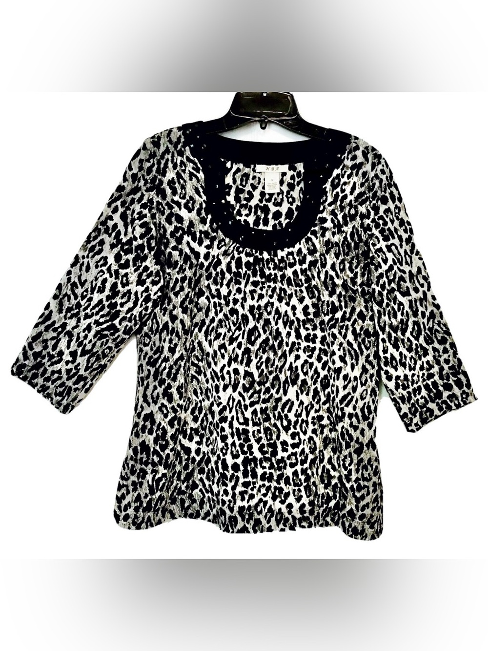 HBA Womens Small Jeweled Black Leopard Print Side Zip 3/4 Sleeve Cotton Top